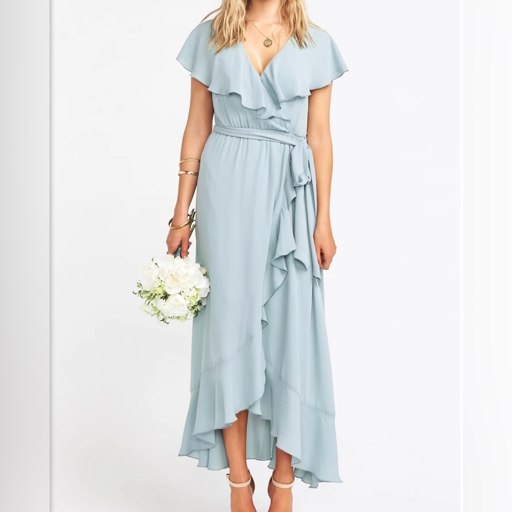 Show Me Your Mumu XS Silver Sage Crisp Jess Ruffle Midi Dress